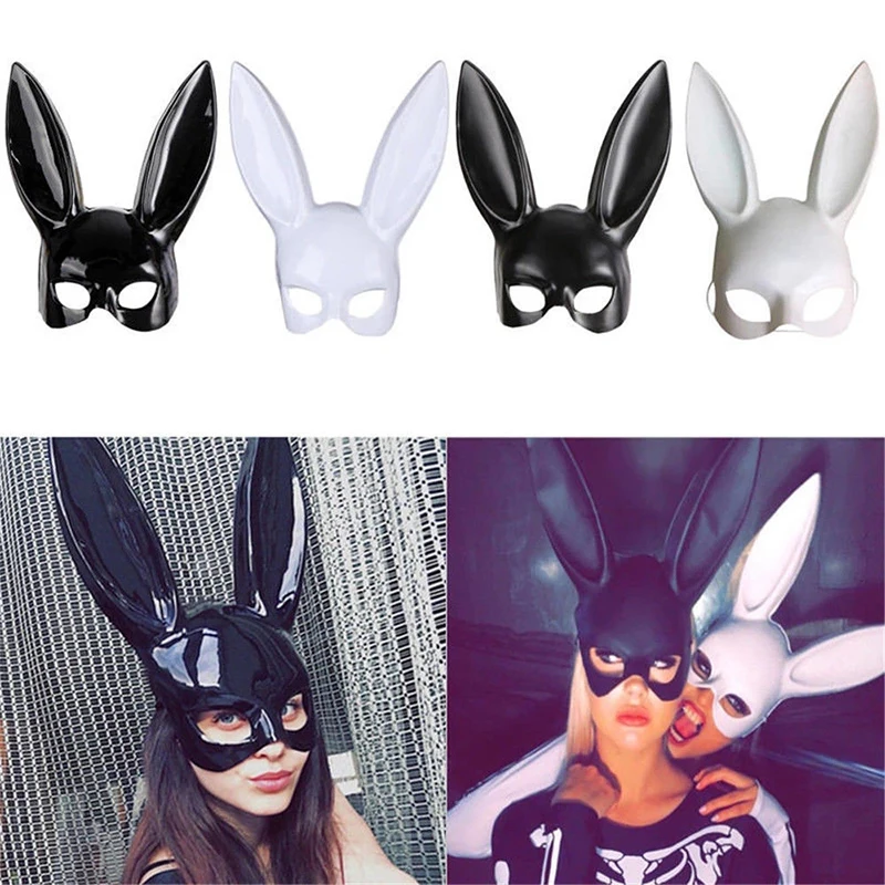 Half Face Rabbit Mask Black White Halloween Mask Christmas Bar Masquerade Party Rabbit Ears Masks Sexy Cosplay Props