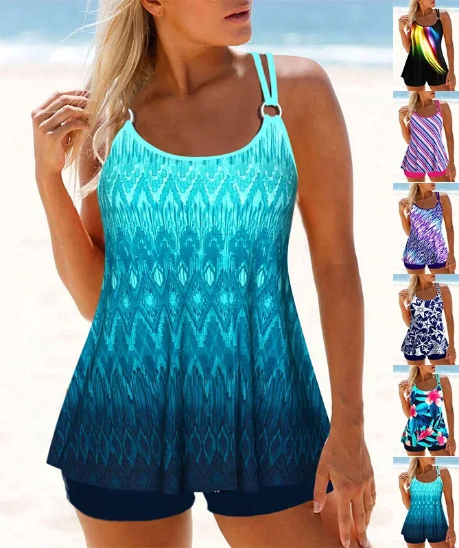 Women's Summer Fashion Beachwear Swimwear White Petunia Print Tankini Swimsuit Two Piece Bikini Set Swimwear S-6XL 1