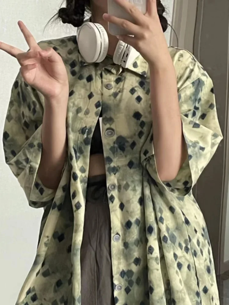 

2023 Y2k Aesthetic Blouse Women 2023 Vintage Print Japanese Short Sleeve Top Women Loose Grunge All Match Harajuku Casual Shirt
