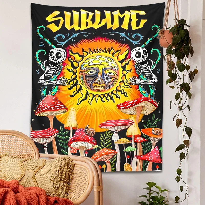 Psychedelic Mushroom Tapestry Wall Hanging Sun Cactus Sublime plant Hippie Vertical Tapestry Home Decor Bedspread Beach Shawl for tapestry decorations