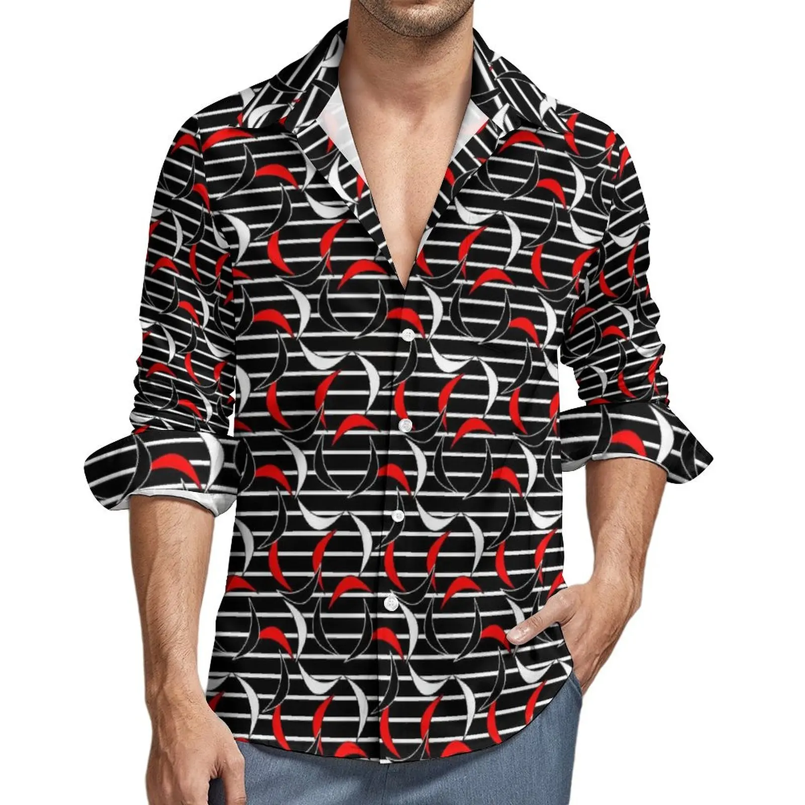 

Повседневная рубашка с принтом полумесяца, мужская стильная рубашка в белую и красную полоску, Осенние винтажные блузки с длинным рукавом, Одежда большого размера с принтом
