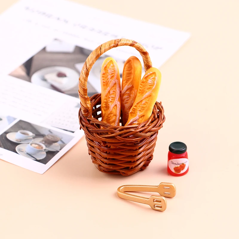6/7Pcs 1:12 Dollhouse Miniature Food Mini Honey Bread Jam Basket Picnic Set Pretend Doll House Decor Accessories Kid Toys Gifts