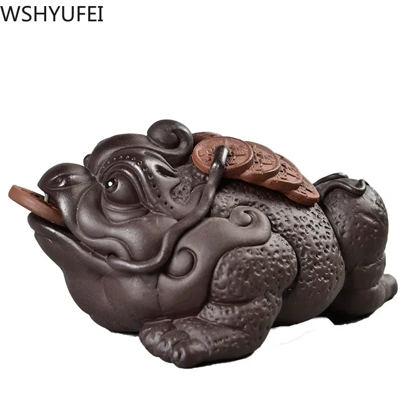 1 PCS 보라색 점토 차 애완 동물 장식품 두꺼비 차 인형 부티크 티 테이블 액세서리 조각 공예품 홈 인테리어