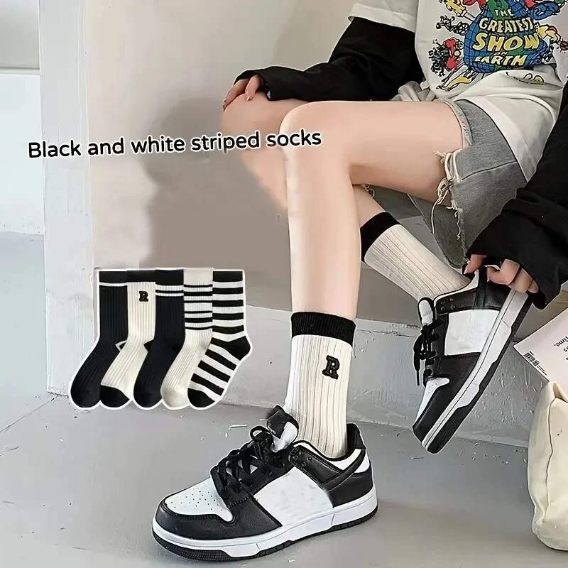 Sports Socks 5pairs Combed Embroidered Letter Big R College Style Women's Socks