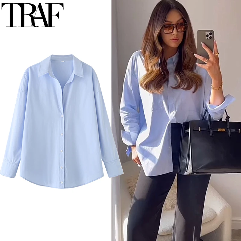 HXAO 2025 Women's Shirt Long Blue Shirt Women Spring Long Sleeve Oversize Shirts Blouses Korean Style Casual Button Up Shirts 4