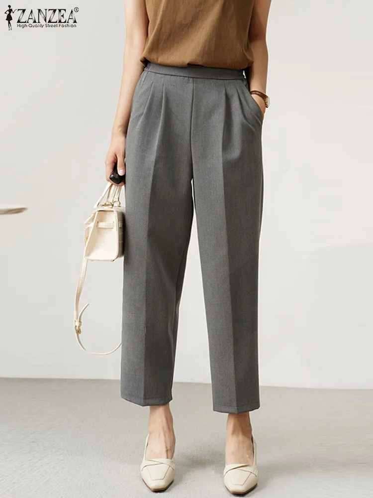 Women Elastic Waist Cropped Pants Summer Office Trouser