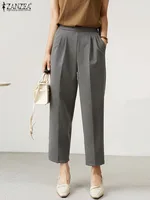 ZANZEA 2024 Summer Formal Cropped Pants Holiday Elastic Waist Trouser Office Lady Capris Women Korean Fashion Pleated Solid Pant - Image 2