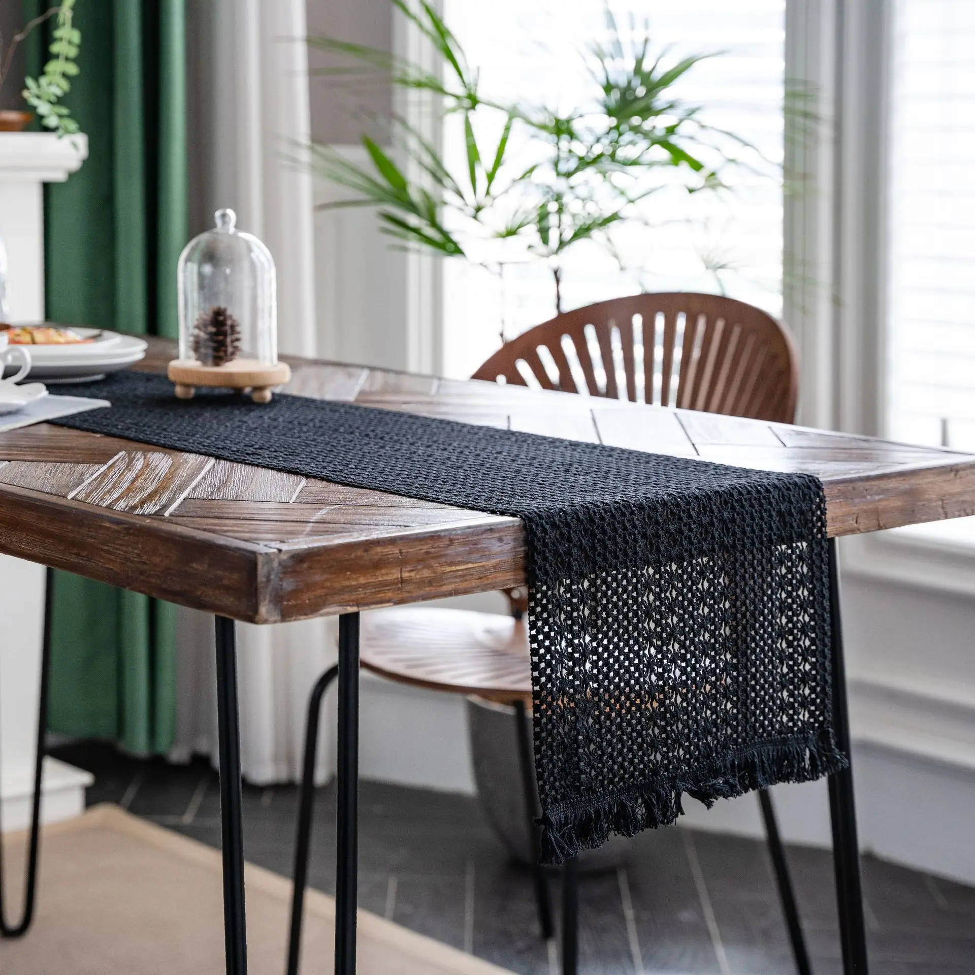 Table Runner for Summer Home Decor with Tassels Long Farmhouse Rustic Table Runner Cream & Brown Macrame Burlap Table