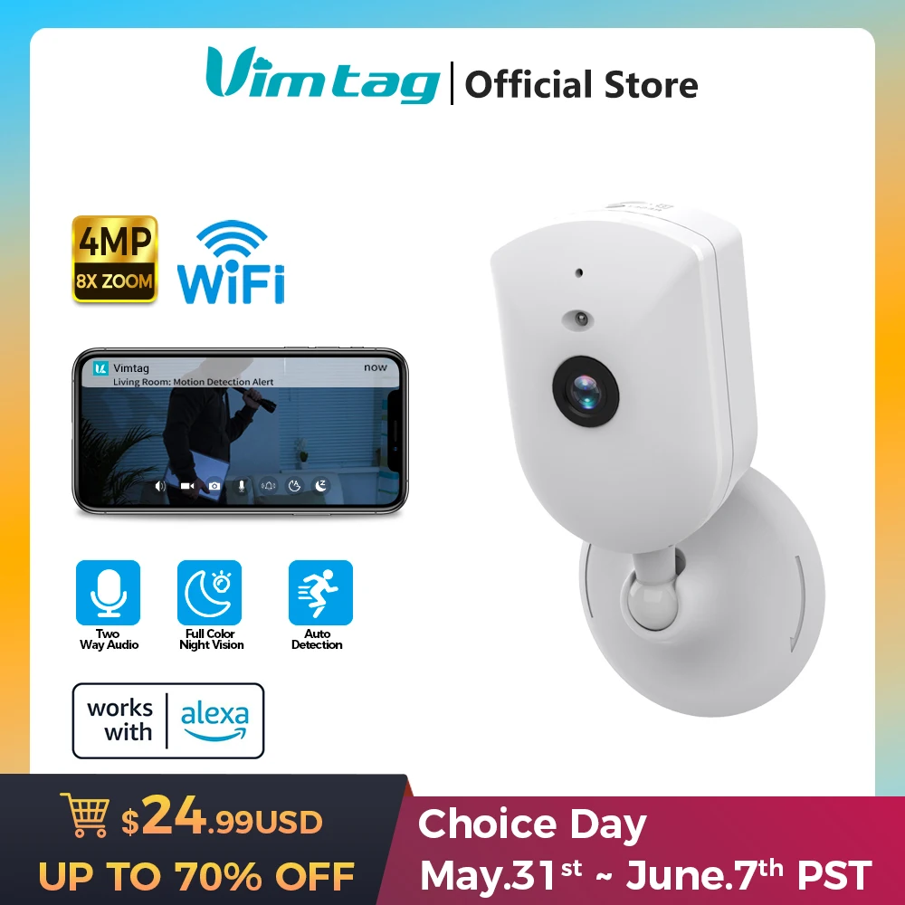 VIMTAG 6MP IP Camera WIFI 2-Way Audio HD Color Night Vision Auto Detection 8X Zoom Baby Camera Home Security Surveillance Camera