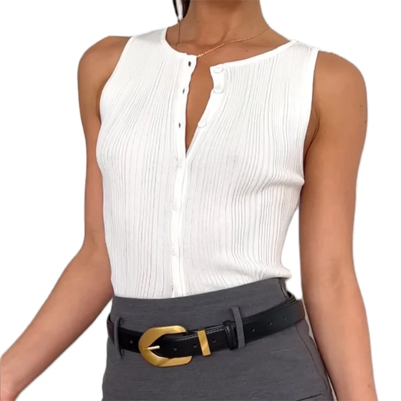 Summer Sleeveless Rib Knitted Tank Tops Female Casual Front Button Up Basic Vest Women Fashion Crop Tops Going Out Streetwear