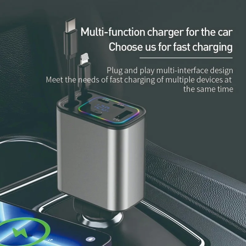 5 IN 1 Car Charger USB C Cable For IPhone Huawei Samsung With Ambient Lighting C