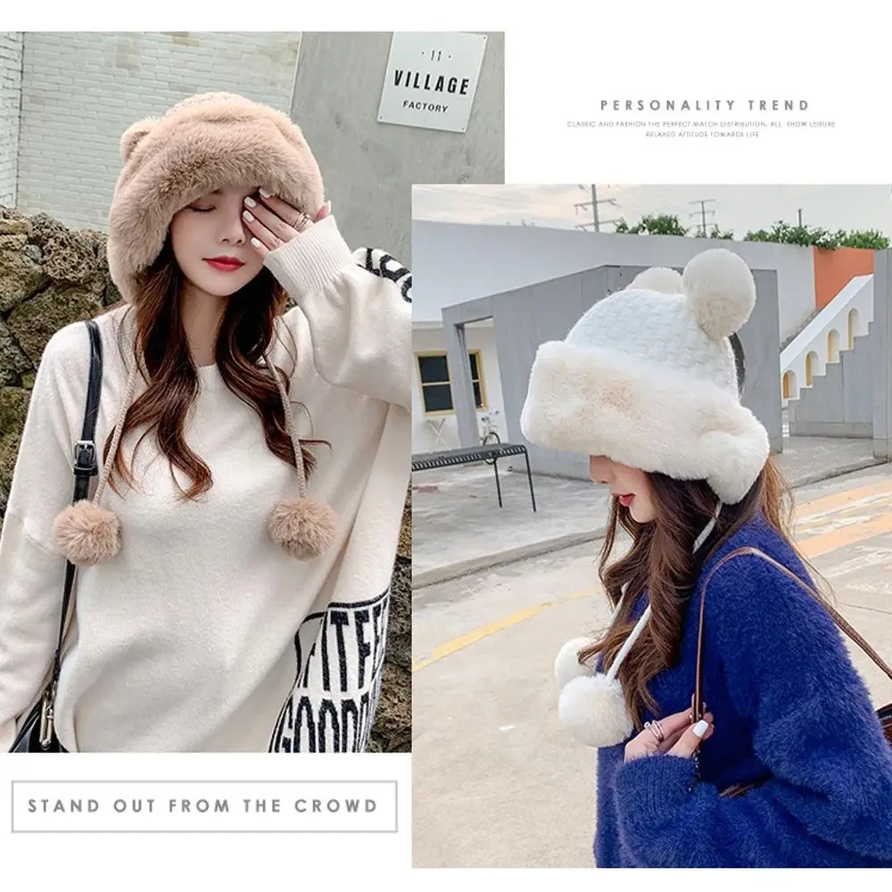 Women Outdoor Cold-proof Thicken Knitted Cap Pom Pom Ball Hats Faux Fur Beanies  Hat Winter Warm WHITE 