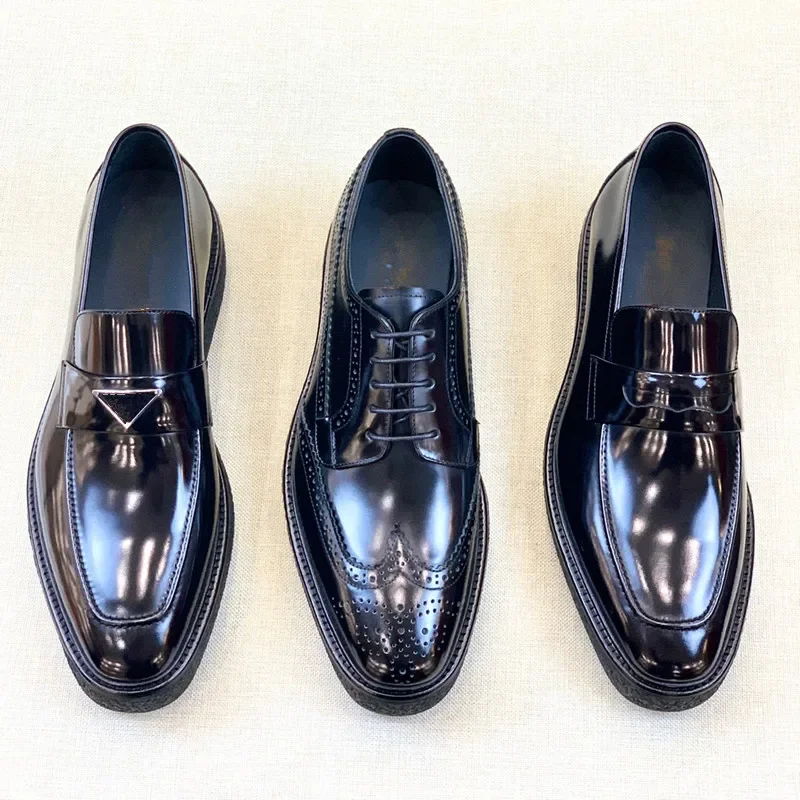 

Мужские деловые кожаные туфли, коричневые Яркие туфли из натуральной кожи с резной толстой подошвой, обувь для свадьбы, 2024