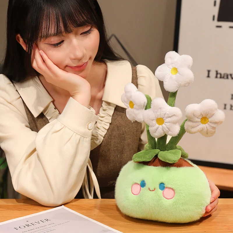 귀여운 얼굴의 화분에 심은 꽃 플러시 장난감 인형 화분 화이트 나르시스 핑크 복숭아꽃 장식 소품 선물