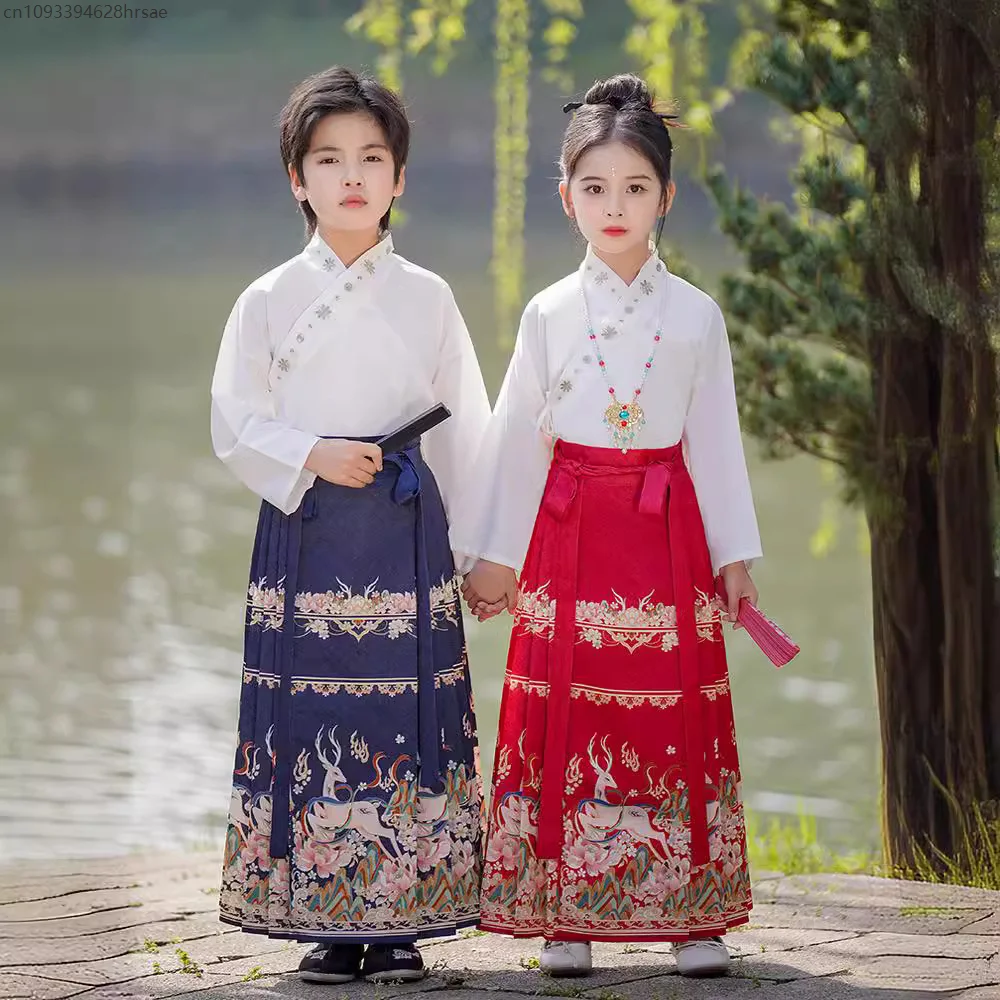 Set per bambini Manica corta lunga Set da 2 pezzi Vestito da ragazzo Tang Costume Abbigliamento Hanfu Top Gonna con faccia di cavallo Vestito da ragazza - immagine 4