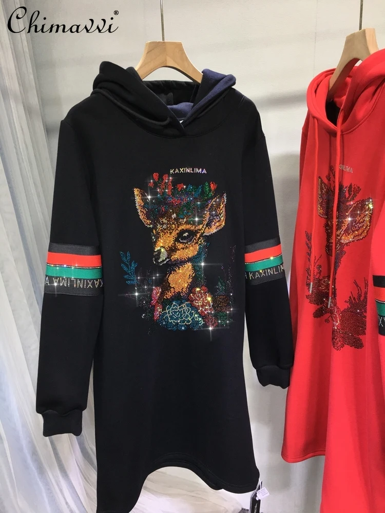 

European Hot Drilling Sweatshirt Women 2023 Winter New Fashion Slimming Velvet Padded Thick Long Sleeve Streetwear Hoodies Tops