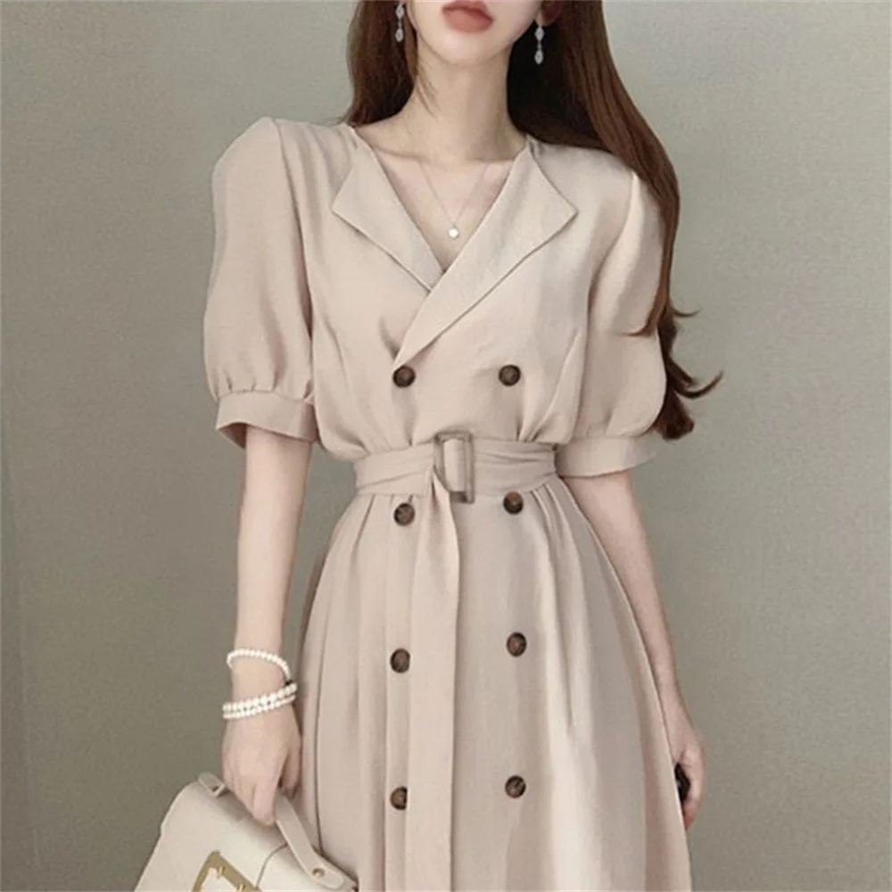 

Elegant Korean Puff Sleeve Women's Dress 2023 New in Summer Casual Double Breasted Long Dress Chic Office Ladies Formal Dress