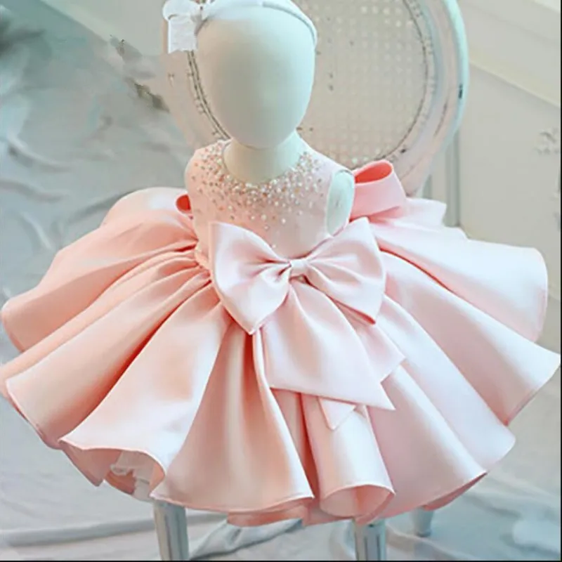 

New Fashion Beaded Bow Baby Girl Dress Princess Fluffy Tulle Infant Clothes Baby Girls Baptism Christening 1st Birthday Gown