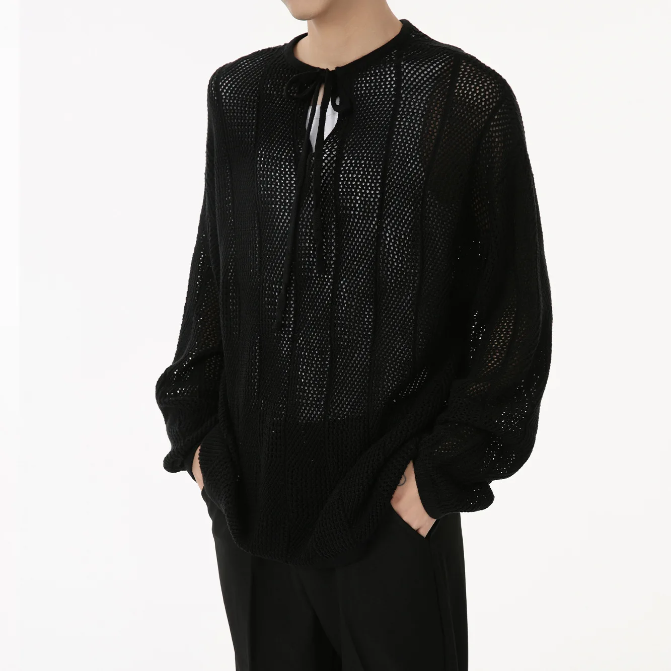 Men's Korean Style Lazy Loose Hollow Thin Knitted Shirt Trendy 2024 Autumn Long Sleeve Pullover Sweater Shirts 2