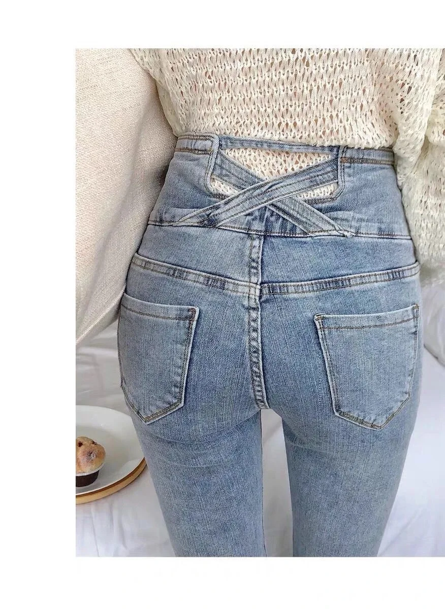 

Fashion street wear skinny jeans Women vintage slim waist Ankle-Length pencil jeans 2022 New waist chain boyfriend denim pants