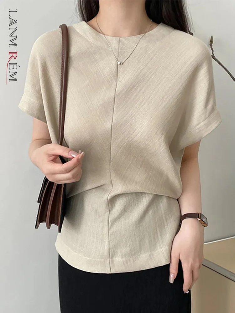 

[LANMREM] Minimalism Gathered Waist Short Sleeve T-shirt For Women Round Neck Back Zipper Design Tops 2024 Summer New 26D9069
