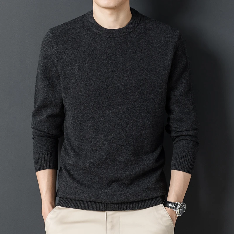 

New Sweater 100% Pure Wool Men's round Neck Lightweight Sweater Spring and Autumn Solid Color Knitted Bottoming Shirt Men