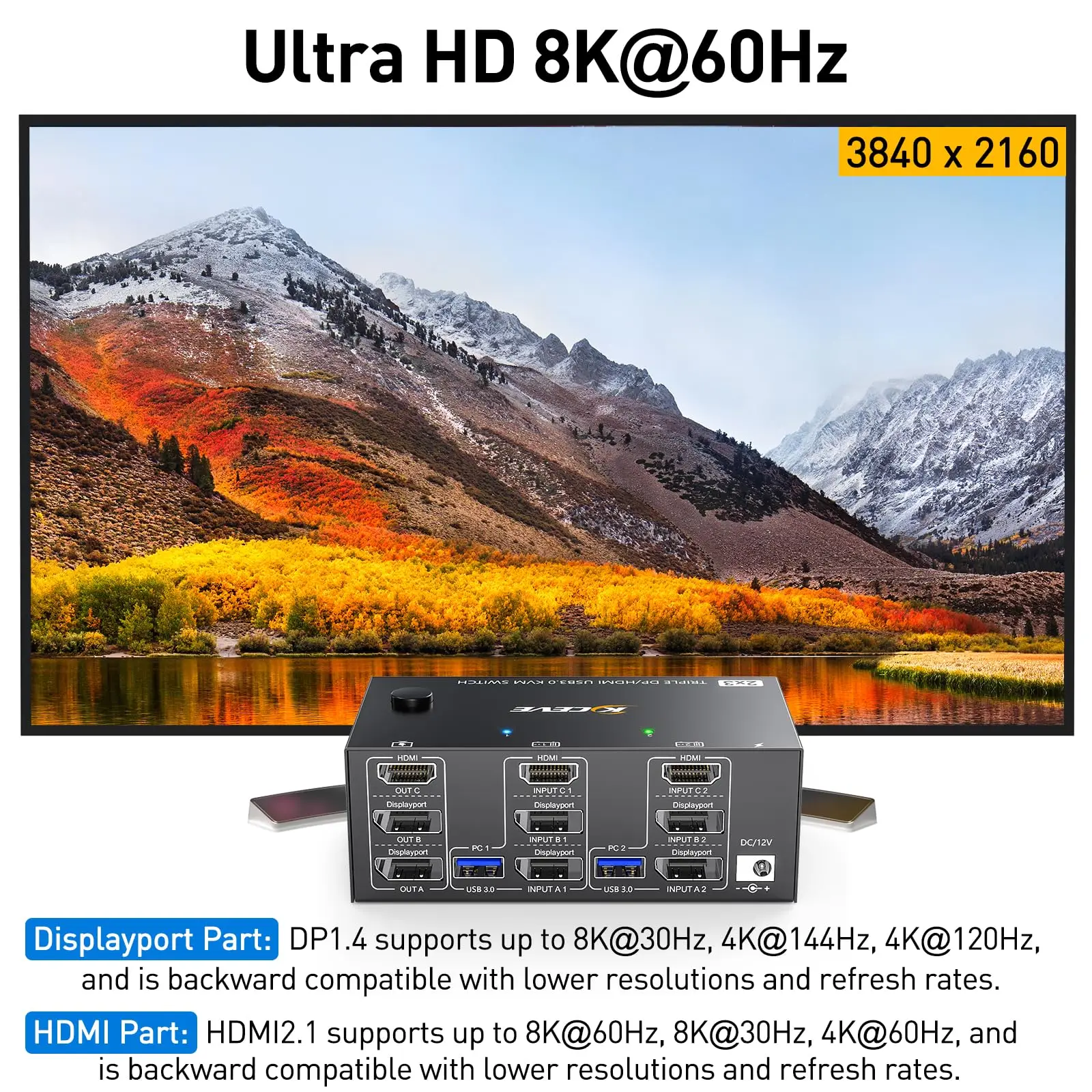 KVM 스위치 트리플 모니터, USB3.0 KVM 스위치 3 모니터, 2 컴퓨터, 8K @ 30Hz, HDMI + 2 디스플레이 포트, 2 컴퓨터 공유 3 모니터