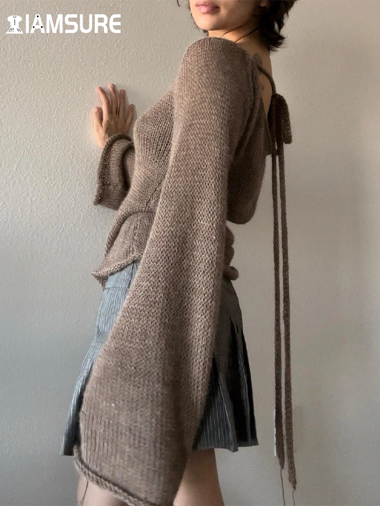 

IAMSURE Casual Loose Hollow Out Sweaters See Through Basic Bandage Long Flares Sleeve Knitted Pullovers Women 2023 Autumn Spring