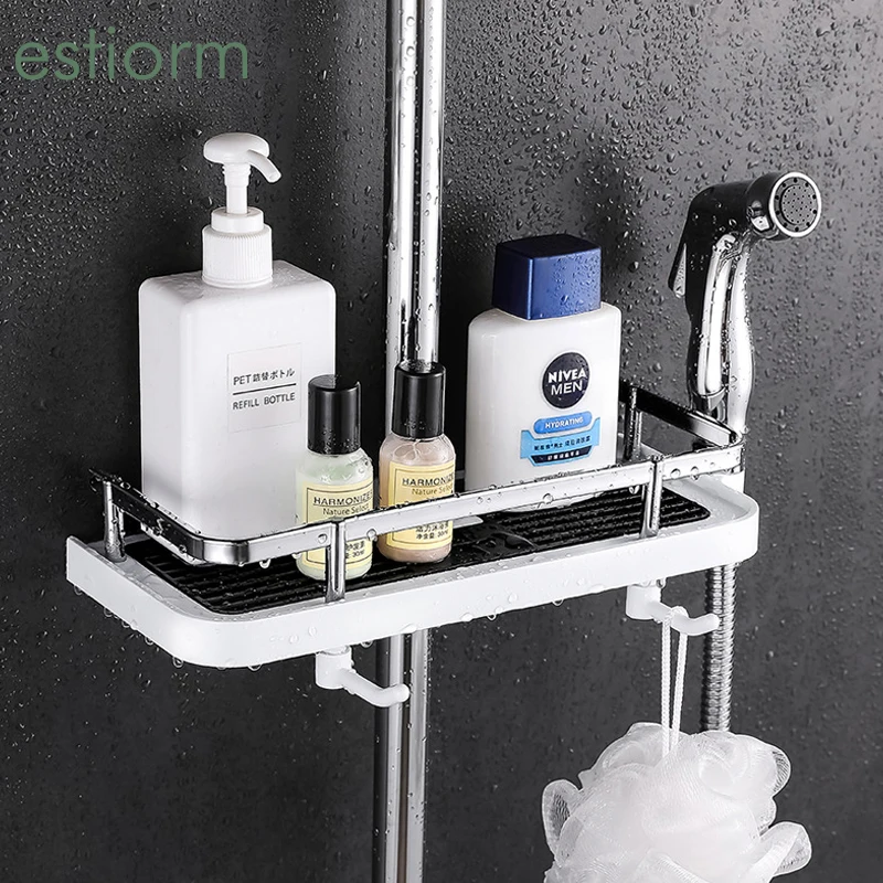 

Shower Storage Rack,Rod Adjust Shampoo Tray,Shower Head Holder,No Drilling Hanging Toilet Pole Bathroom Shower Shelf/Organizer