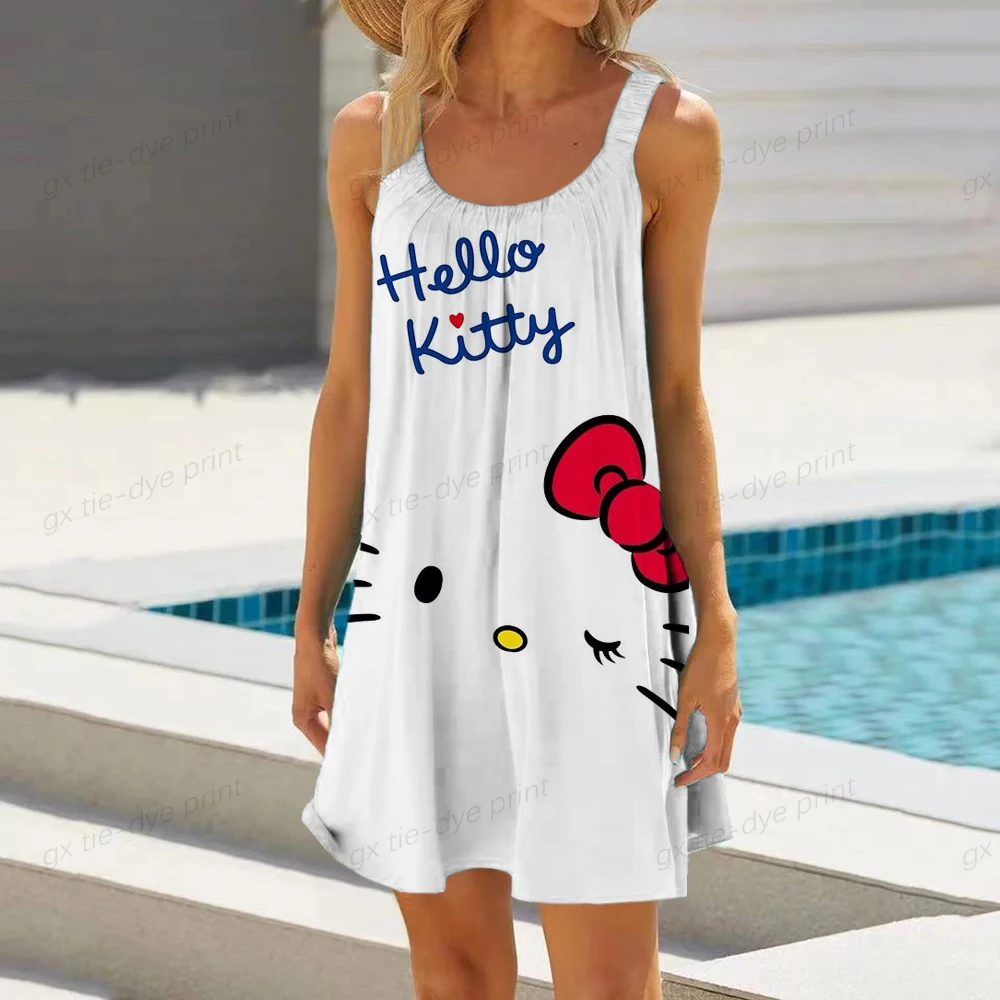 

Sleevesless Party Sundress Loose Casual Dress Beach Hello Kitty Cartoon Vestidos 2024 Women Summer Spaghetti Strap Ruffles Dress