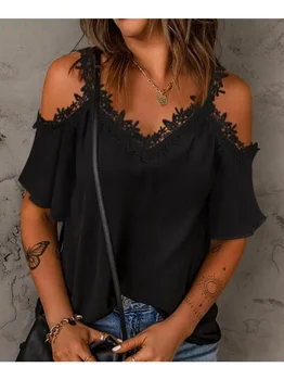 Women's Summer Solid Color Lace Short Sleeve Casual T-shirt Fashion V-neck Short Sleeve Off The Shoulder Sling T-shirt 1