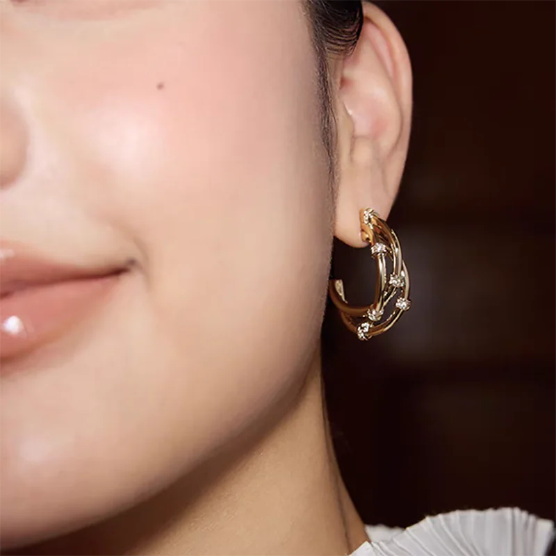 Designer Style Aesthetic Multi Layer C Shape Hoop Earrings Waterproof Zircon Ear Buckles Bridesmaid Gift Everyday Jewelry Joias