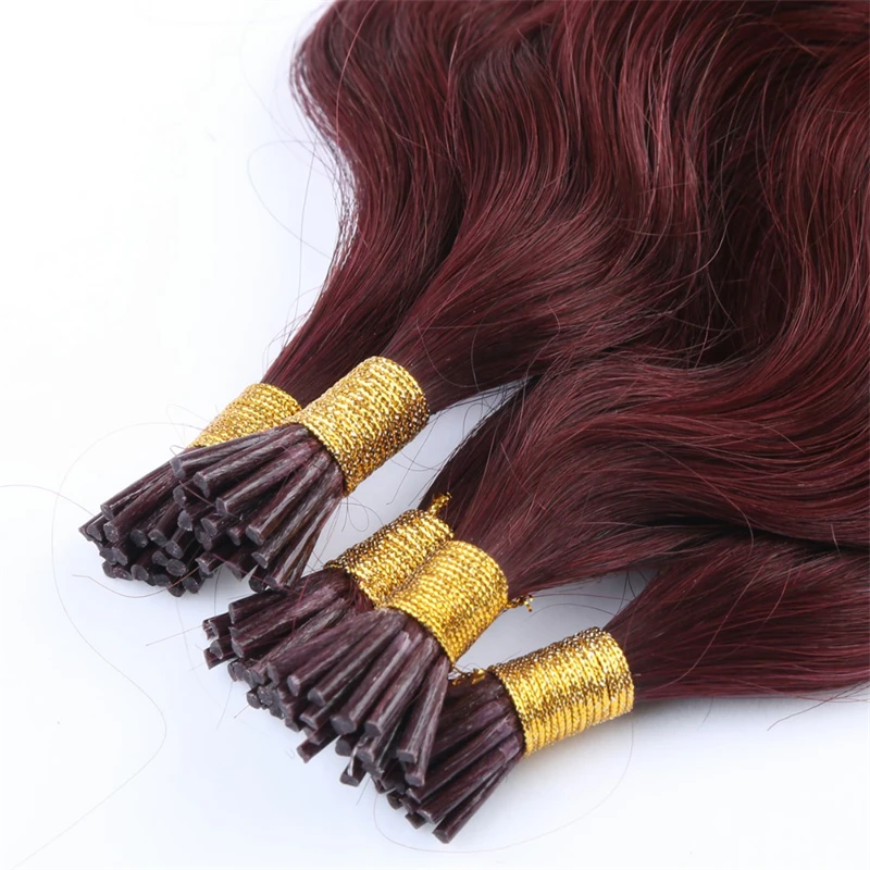 Deep Wave I Tip Hair Extensions 50pcs Keratin Fusion Microlink Hair Extensions Human Capsule Pre Bonded Stick #99J Burgundy