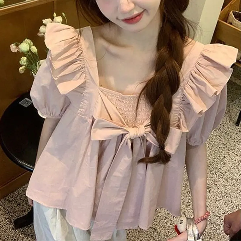 French Style Sweet Ruffles Blouse Female Clothing Stylish Drawstring Bow Folds Summer Thin Elegant Square Collar Loose Shirt New