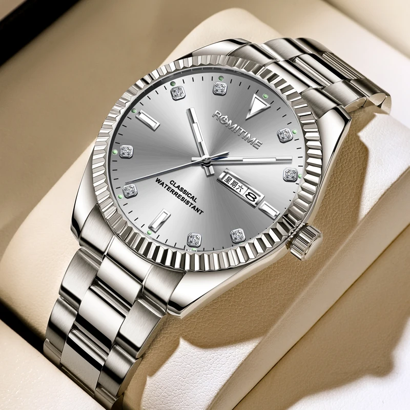 ROMITIME Original Brand Luxury Quartz Watches For Men Stainless Steel Calendar Diamond Dial Male Watch Luminous Waterproof