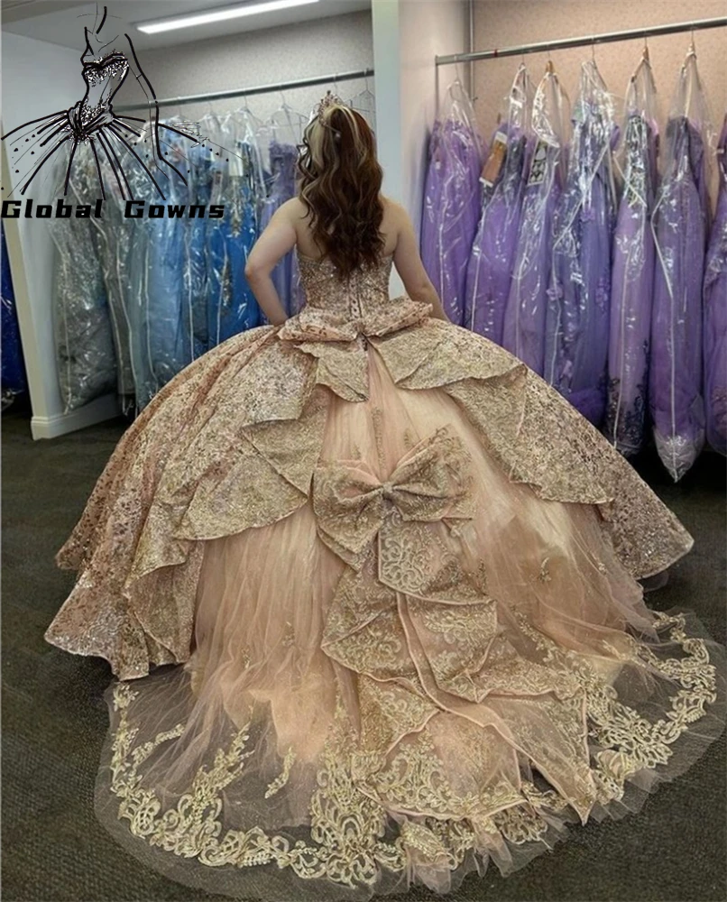 

Mexico Champagne Sweetheart Quinceanera Dress 2023 Sequined Plus Size Corset Prom Dress Ball Gown Sweet 16 Bow Robe De Bal