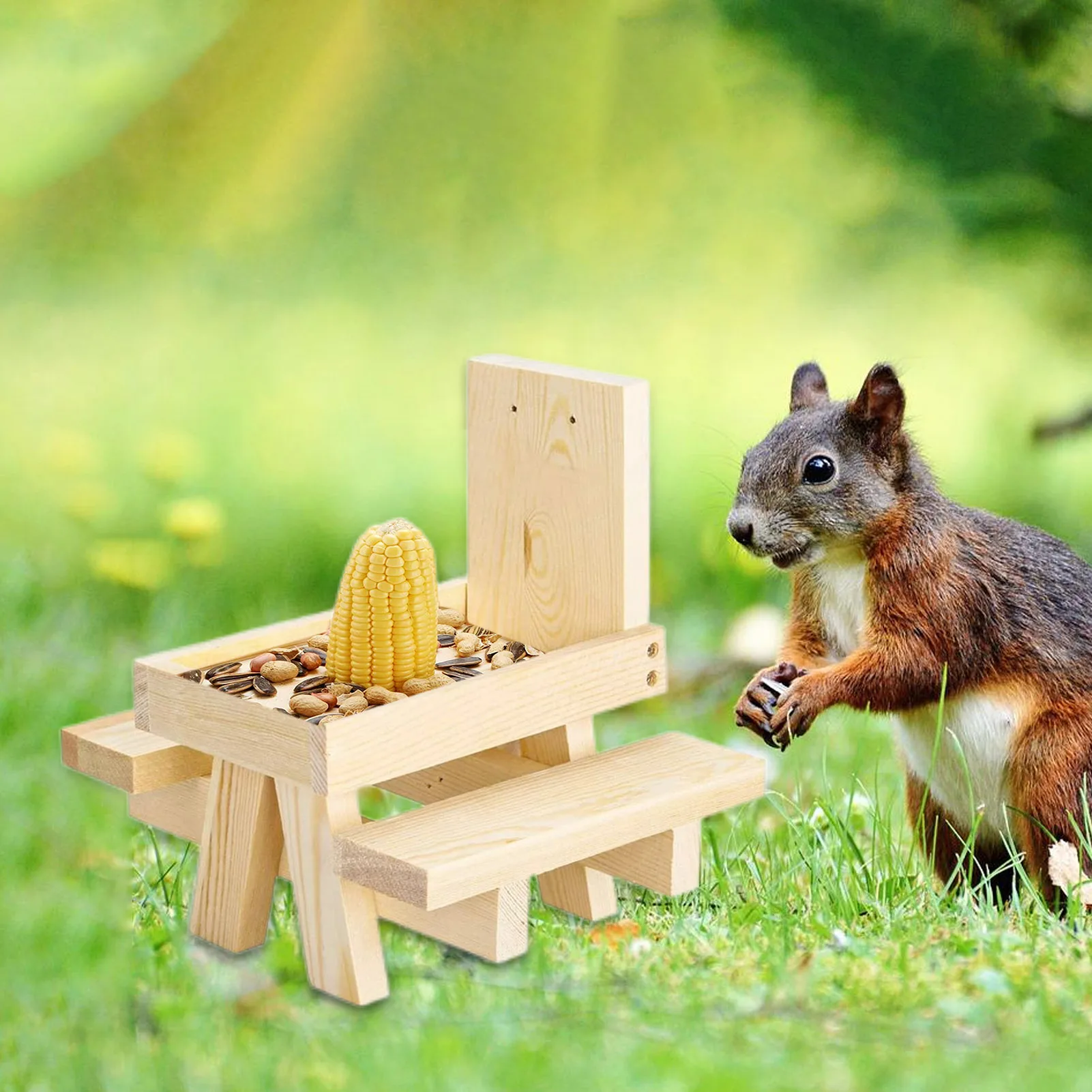 Squirrel Picnic Table Squirrels Feeder With Corn Cobs Holder Natural Squirrel Bench Feeder With Corn Cobs Holder For Backyard,squirrel feeder