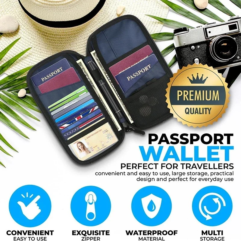 Family Travel Passport Cover Wallet Zipped Oxford Document Lightweight Organizer Bag with Detachable Wrist Strap for Women Men