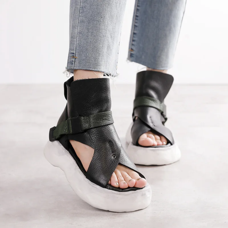 

YourSeason 2022 Autumn And Summer Women Cool Boots Comfortable Flat Platform Peep Toe Genuine Leather Vintage Ladies Sandals