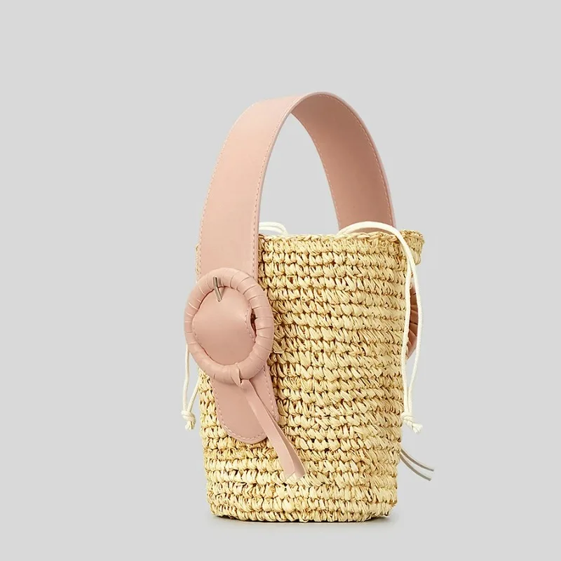 

Fashion Straw Bucket Bag Designer pu leathe handle Women Handbags papar woven summer Beach Small Tote Bali Purse 2023 Female Bag