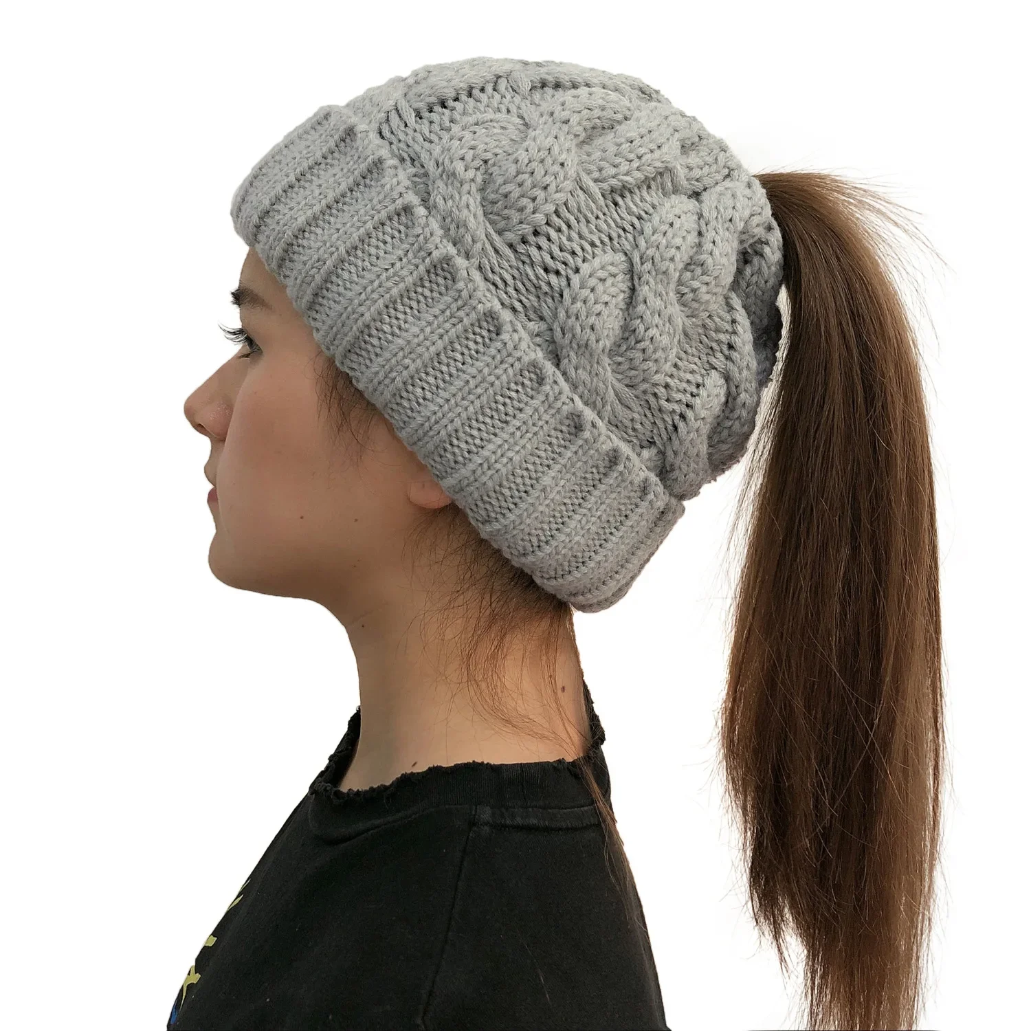 Women Winter Hats Beanies Knitted Girls Cap Twist Crochet Winter Hats For Female Pompom Beanie Ear Braid Ponytail Hat Skullies 4