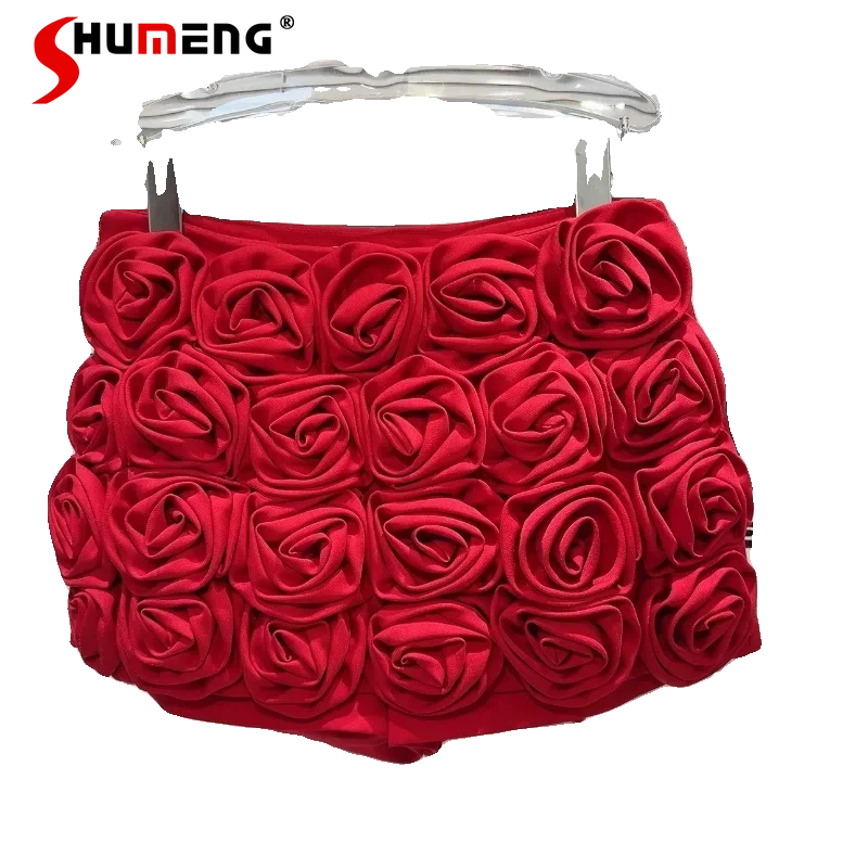 Summer Elegant Red 3D Rose Flowers Short Pantskirt Woman 2024 Spring New Socialite Clothes High Waisted Black Shorts for Women