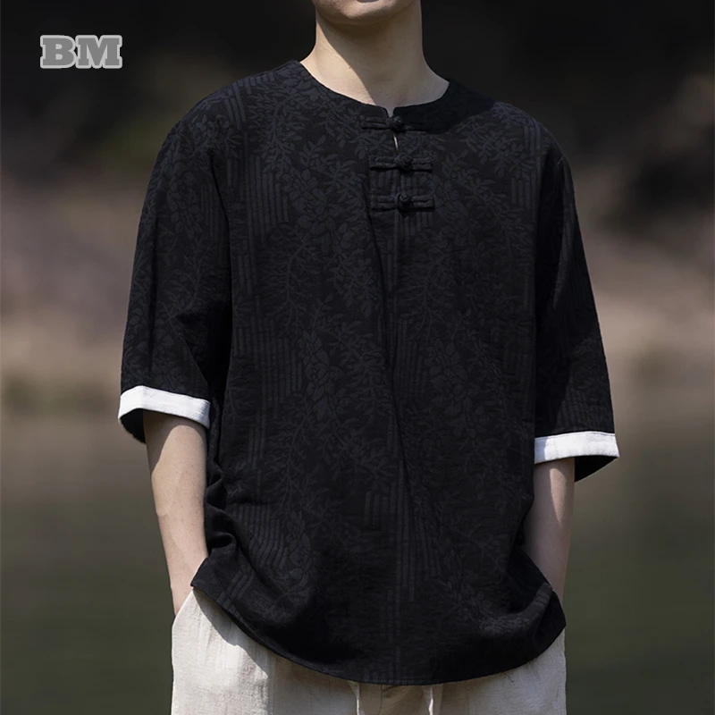 

Chinese Traditional Dress Summer Cotton Linen Short Sleeve Tee Men Clothing Tai Chi Kung Fu Vintage T-Shirt Plus Size Tops