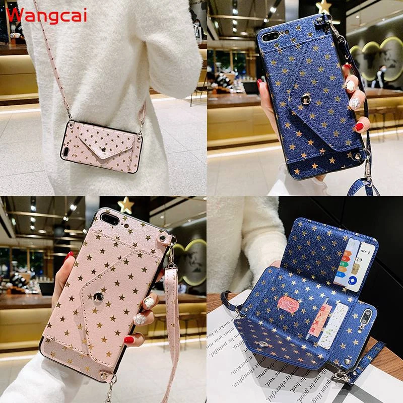 Per Huawei Honor V30 9X Pro View 20 20I 10I 8X Nova 5T 7I Custodia Star Wallet Card Bracket Bling Glitter Lanyard Holder Cover