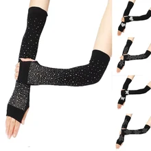 

Women Black Half Finger Gloves Long Warm Knitted Arm Cover Elasticity Rhinestone Sleeve Mittens Winter Outdoor Fingerless Glove