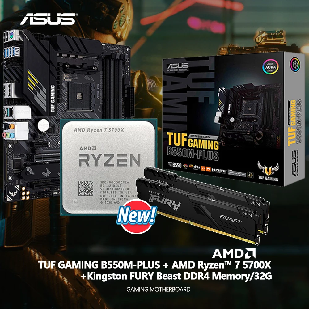 NEW AMD Ryzen 7 5700X R7 5700X CPU + ASUS TUF B450M PRO S Motherboard +  Kingston FURY Beast DDR4 16G (8G*2)3600MHz Memory Suit