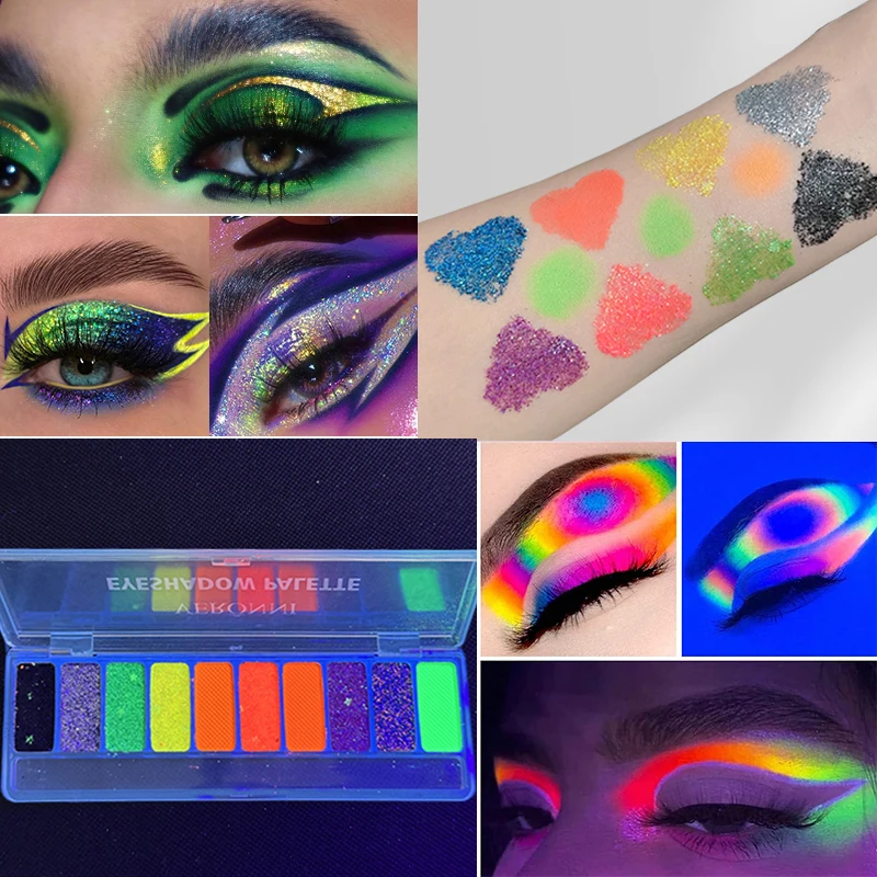 Blacklight UV Glow in Dark Fluorescent Eyeshadow Palette Stage Clubbing Neon Makeup Palette 10Colors Pigment Luminous Eye Shadow