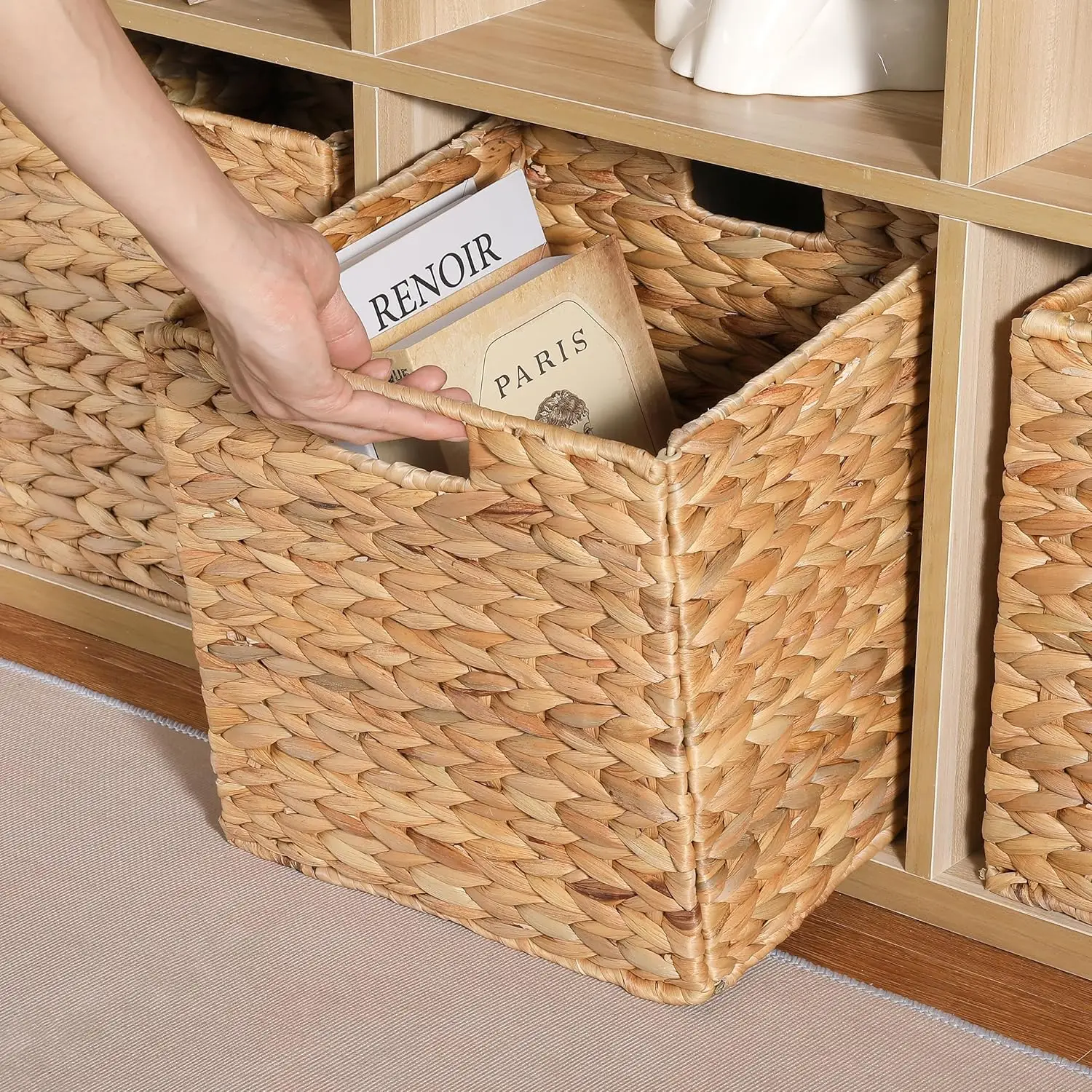 12 x 12 x 12in Water Hyacinth Storage Baskets, Wicker Storage Baskets for Shelves, Foldable Square Baskets for IKEA Kallax Set o 3