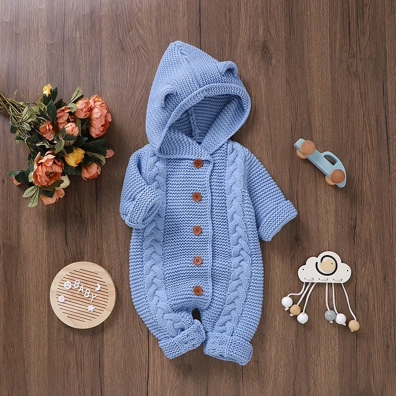 Newborn Baby Knit Romper Newborn Long Sleeve Jumpsuit + Hat , Color - Blue main image 0