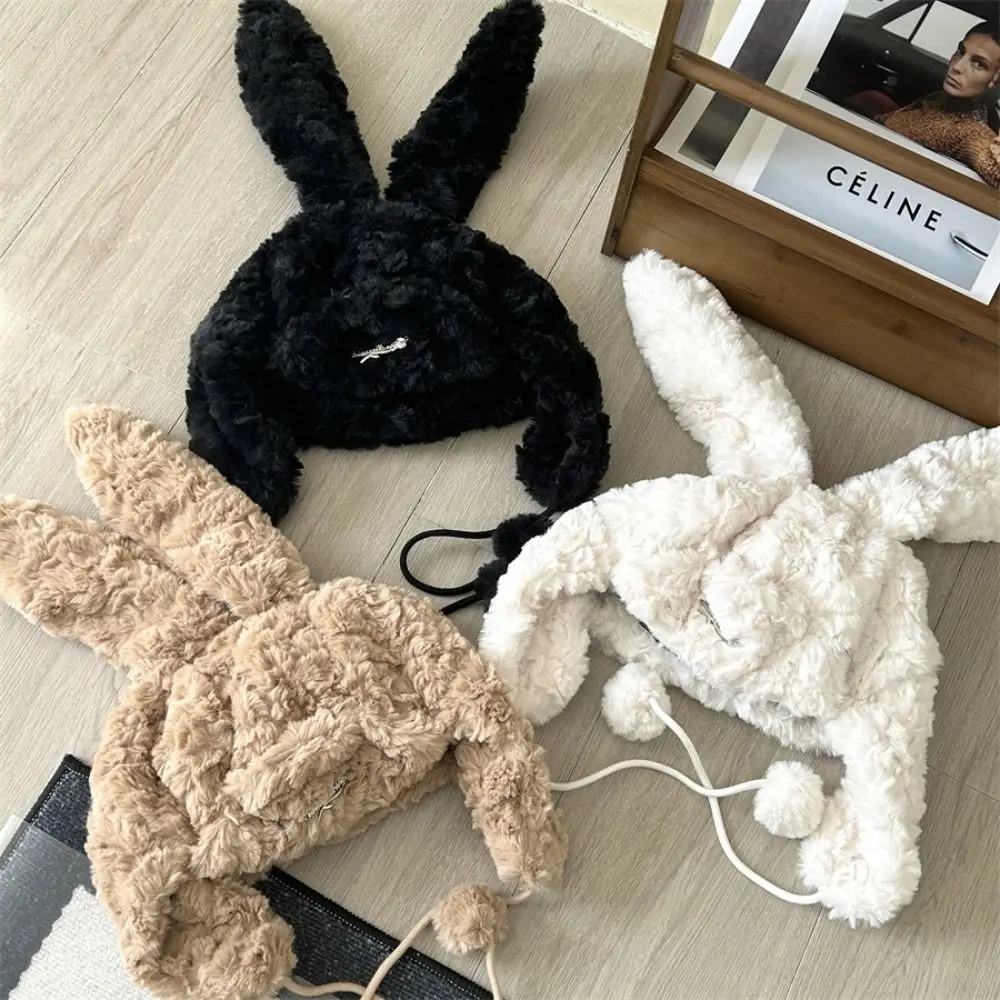 

Japanese Niche Knitted Cap Cute Winter Y2K Rabbit Ears Hat Autumn Long Strap Ear Protection Hat Girl